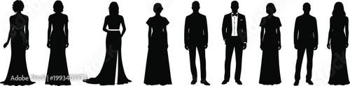 Silhouette of 8 People in Formal Attire Including Women in Dresses and Men in Suits for Fashion, Formal Events, and Lifestyle Designs
