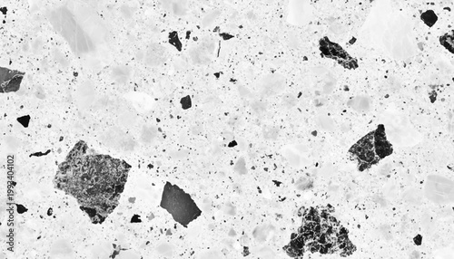 Seamless monochrome terrazzo texture background vector illustration with abstract grey and white stone fragment pattern.