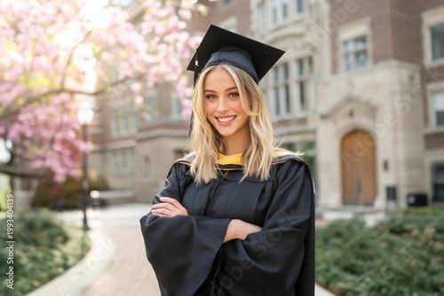 Graduate Stands Proudly in Cap and Gown With Trees in Bloom Outside Universit...