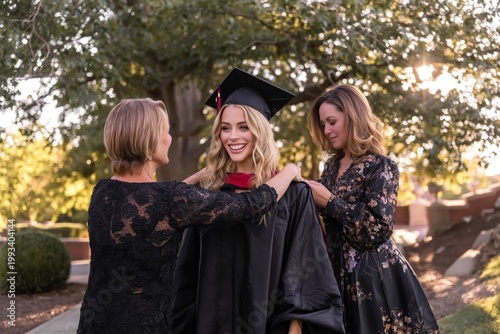 Graduation Ceremony With Family Members Helping Graduate Put on Cap and Gown ...