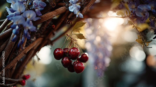Red Cherries with Purple Wisteria Flowers  