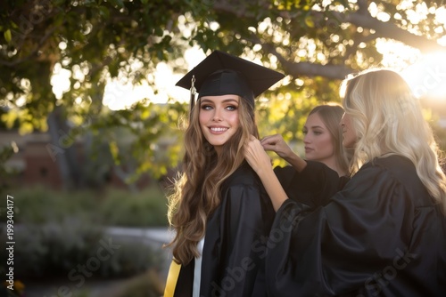 Graduate Stands Proudly in Cap and Gown With Trees in Bloom Outside Universit...
