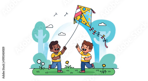 Kite flying, children playing, outdoor fun, colorful illustration, kids recreation