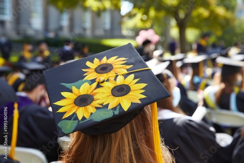 Graduation Ceremony With Decorated Cap Showcasing Sunflower at Outdoor Venue