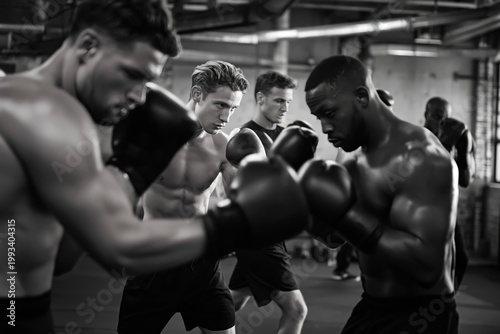 Group of Boxers Training Together in a Gym During Evening Workout Session