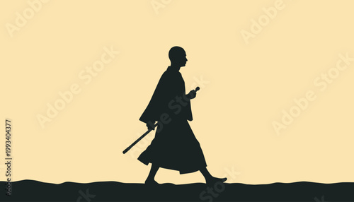 Monk walking with a staff in silhouette to represent Vesak Day  