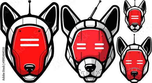 Cyborg Dog Faces, Futuristic Canine Illustrations, Red Mask Vector Icons, Cyberpunk Animal Heads