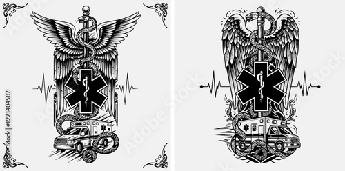 Medical symbols, paramedic icons, emergency signs, vector graphics, black and white illustrations, healthcare badges