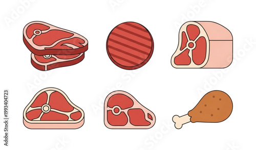 Flat raw meat vector set with beef steaks chicken leg and burger patty for butcher products isolated on white background