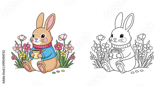 Cute bunny holding coffee cup among flowers coloring page. Side by side color illustration and black and white line art vector for children's activity book.