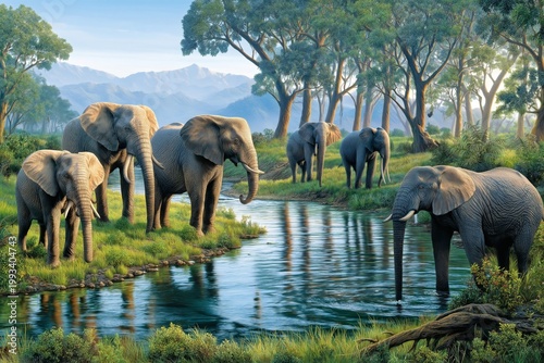 Elephants Gather by a River in a Lush Landscape With Trees and Mountains in t...