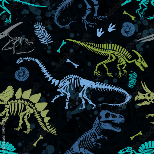 Seamless  Dino skeleton pattern, print for T-shirts, textiles, wrapping paper, web. Original design with t-rex,dinosaur skeleton.  grunge design for boys . 