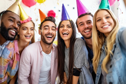 Friends Celebrate Together at a Colorful Party Taking Selfies With Cake and D...