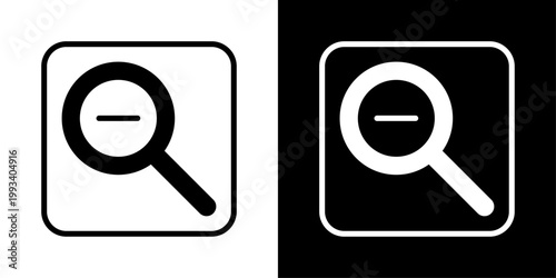 Zoom out icon in solid fill style showing magnifier with minus symbol, representing search control, interface scaling, navigation tools and mobile app functionality.