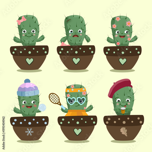 Set of cute hand drawn cacti, different emotions and seasons