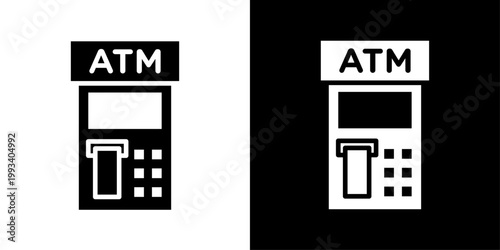 ATM icon in solid fill style showing cash machine with card slot, representing banking, cash withdrawal, financial transactions, money access and payment services.