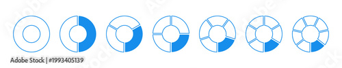 Wheel round blue divided diagrams with one, two, three, four, five, six, seven segments. Circle division on 1 2 3 4 5 6 7 equal parts. Coaching blank.
