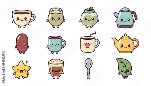 Cartoon beverage characters coffee tea and related icons