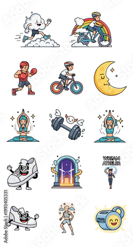 Cartoon illustrations of various activities and objects
