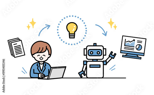 AI導入で業務効率化を実現するビジネスウーマンのイラスト