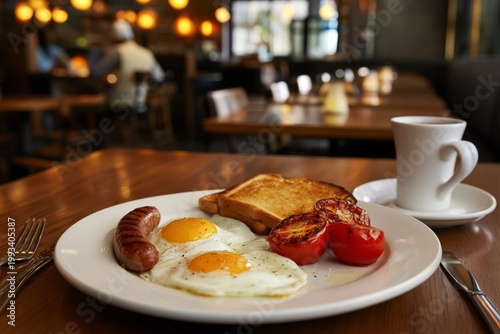 Breakfast Meal With Eggs, Sausage, Toast, and Coffee Served in a Restaurant D...
