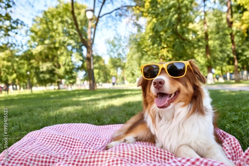 Dog Wearing Sunglasses Enjoys Sunny Day in Park on Picnic Blanket Under Trees