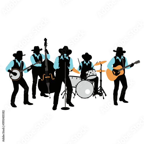 Country Music Band Silhouette: Banjo, Guitar, Bass, Drums, Singer