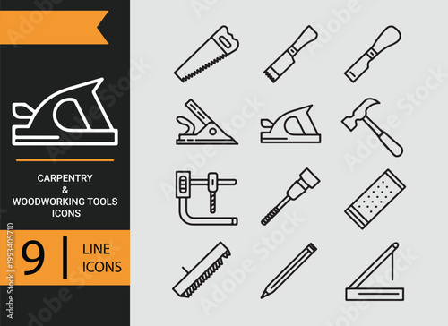 Carpentry woodworking tools outline icons professional woodcraft equipment collection