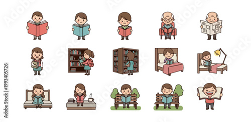 People reading books in different settings vector illustration