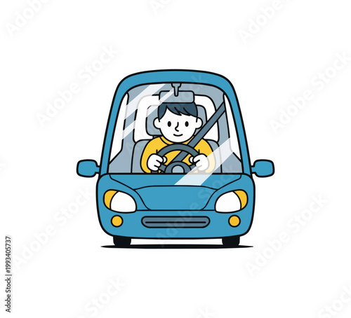 Person driving blue car with seatbelt front view illustration