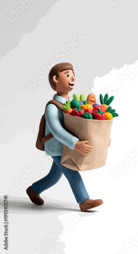 Person carrying groceries in hand with paper bag against black and white background