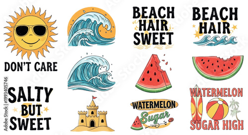 Beach summer icons, cute watermelon and hair stickers, sweet and salty typography graphics