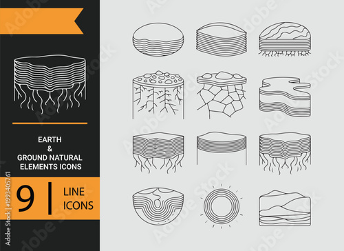 Earth ground natural elements outline icons soil terrain environment symbols