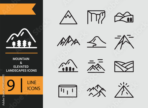 Mountain elevated landscapes outline icons highland scenery nature line collection