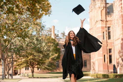 Graduate Celebrates Achievement by Throwing Cap Into the Air on Campus