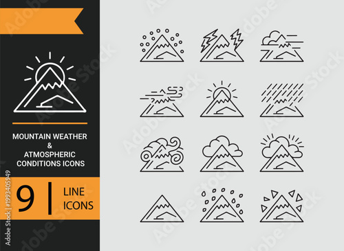 Mountain weather atmospheric outline icons climate conditions alpine environment symbols