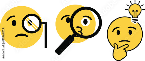 A sequence of three yellow emoticons illustrates the process of thinking from confusion to investigation to realization