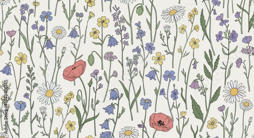 Vibrant Wildflower Meadow Seamless Pattern Illustration.