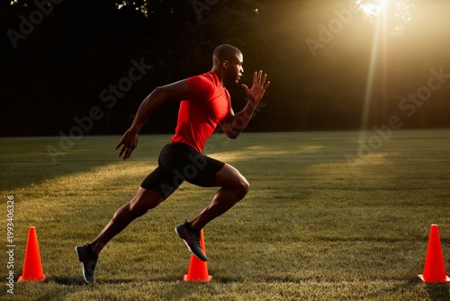 Man Runs Fast Between Orange Cones on a Grass Field During Sunset