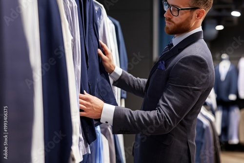 Man Looks at Suits in a Store While Shopping for Formal Clothing During the W...