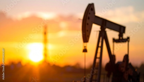 Oil drilling pump jack at sunset, natural resource extraction industry