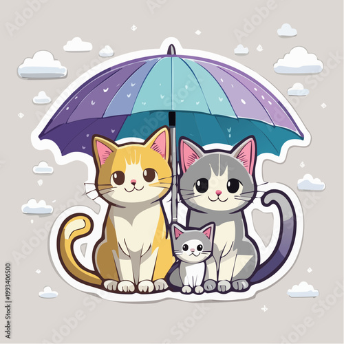Cute Cat Family Under Umbrella