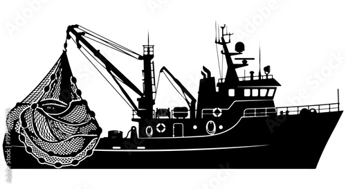 Fishing boat silhouette vector, Vector silhouette of a fishing ship isolated on white background, ship, silhouette, boat, fishing, industrial
