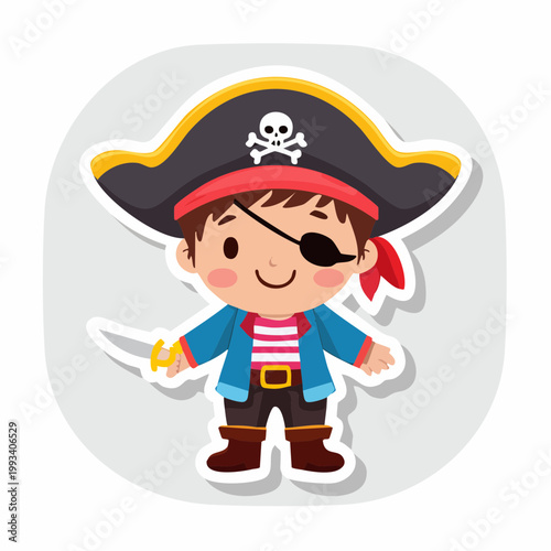 Cute Cartoon Pirate Boy with Sword and Eyepatch