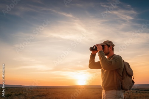 Man Observes Sunset With Binoculars in Open Field During Evening Hours