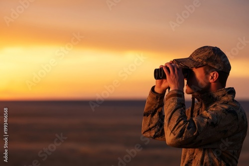 Man Observes Sunset With Binoculars in Open Field During Evening Hours