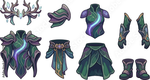 Fantasy costume armor green purple.