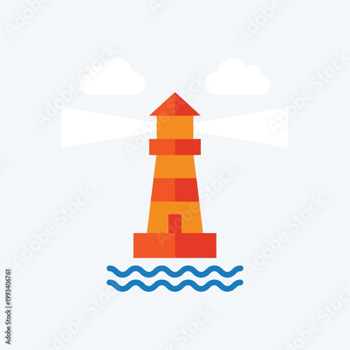 A vibrant orange lighthouse stands tall on blue waves, emitting bright beams of light under a clear sky with fluffy clouds, symbolizing guidance and safety.