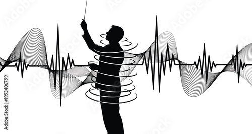 Music Conductor Leading Orchestra with Sound Waves