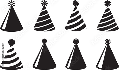 Party Hat Icon Set Featuring Festive Celebration Caps with Stripes and Pom Pom for Birthday Events Holidays and Fun Decoration Vector Collection
